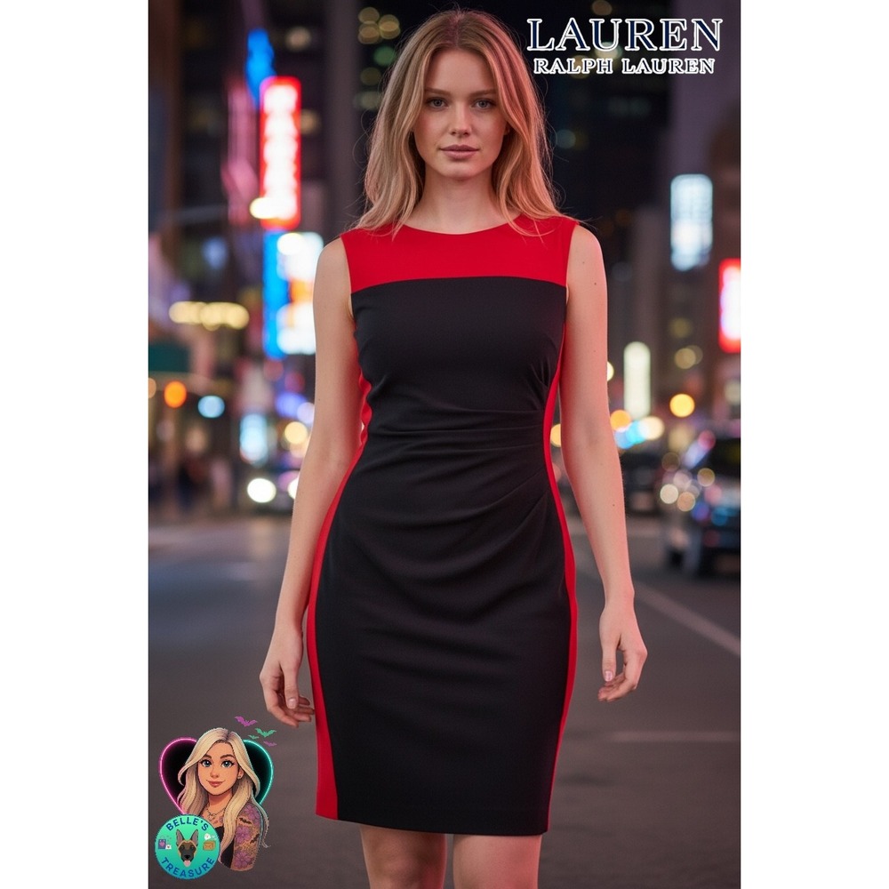 Ralph Lauren LRL Women's 8 Sheath Dress Black Red Ruched Slimming Holiday Event‎
